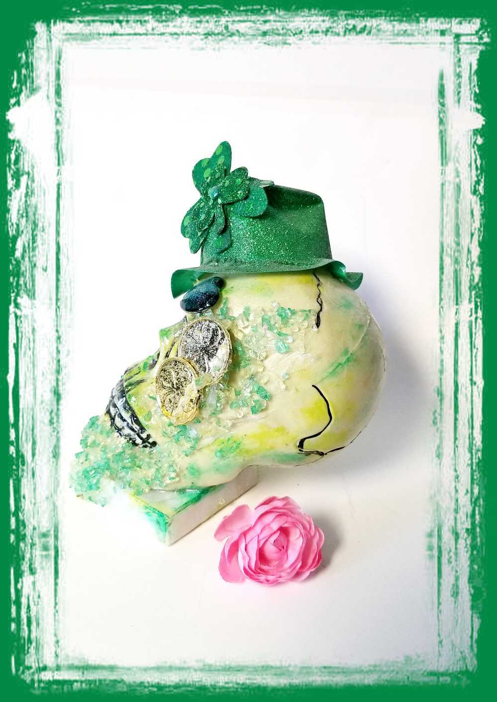 Handmade Resin St. Patrick's Day Skull with Top Hat, Shamrock, Bell & Gold Coins on a Marble Base