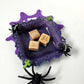 Creepy, Adorable Purple Candle Holder or Candy Dish  with Rhinestone Studded Black Spiders and Green Crosses