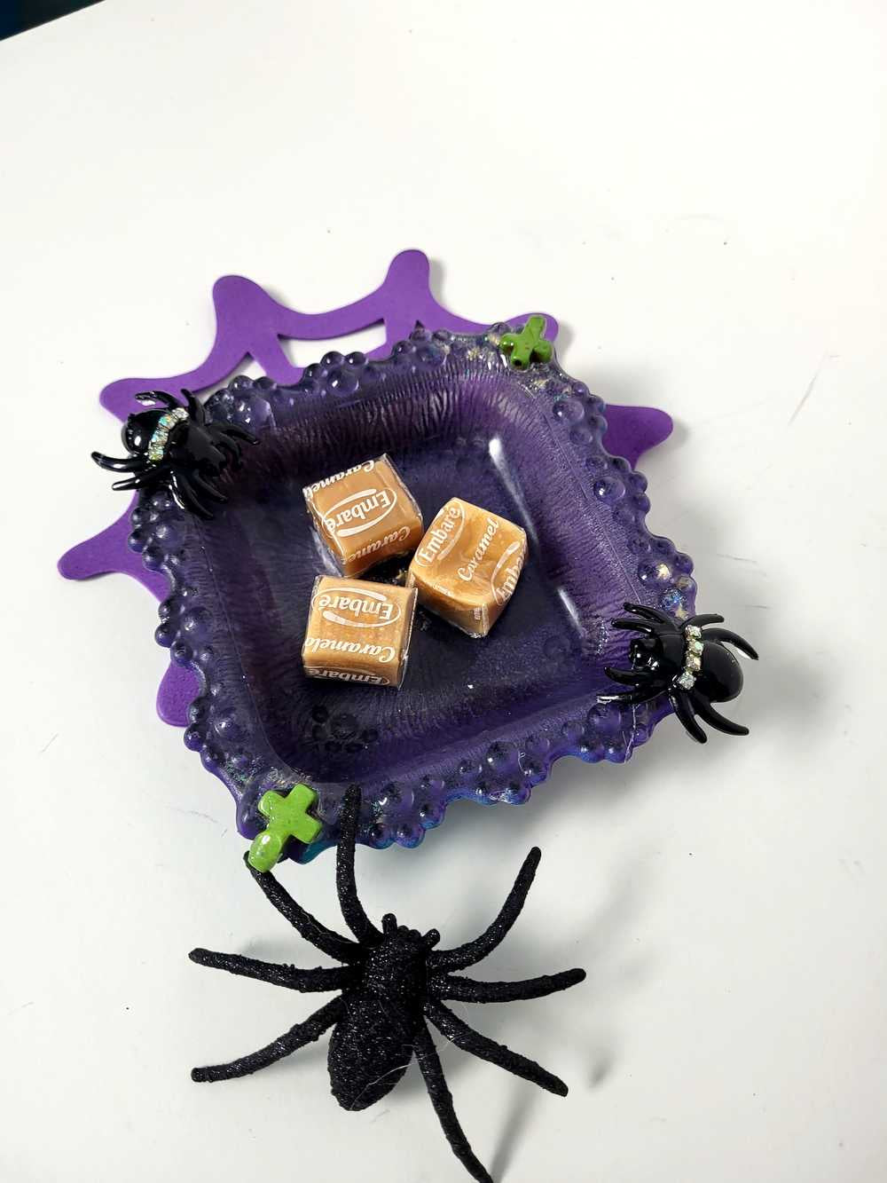 Creepy, Adorable Purple Candle Holder or Candy Dish  with Rhinestone Studded Black Spiders and Green Crosses