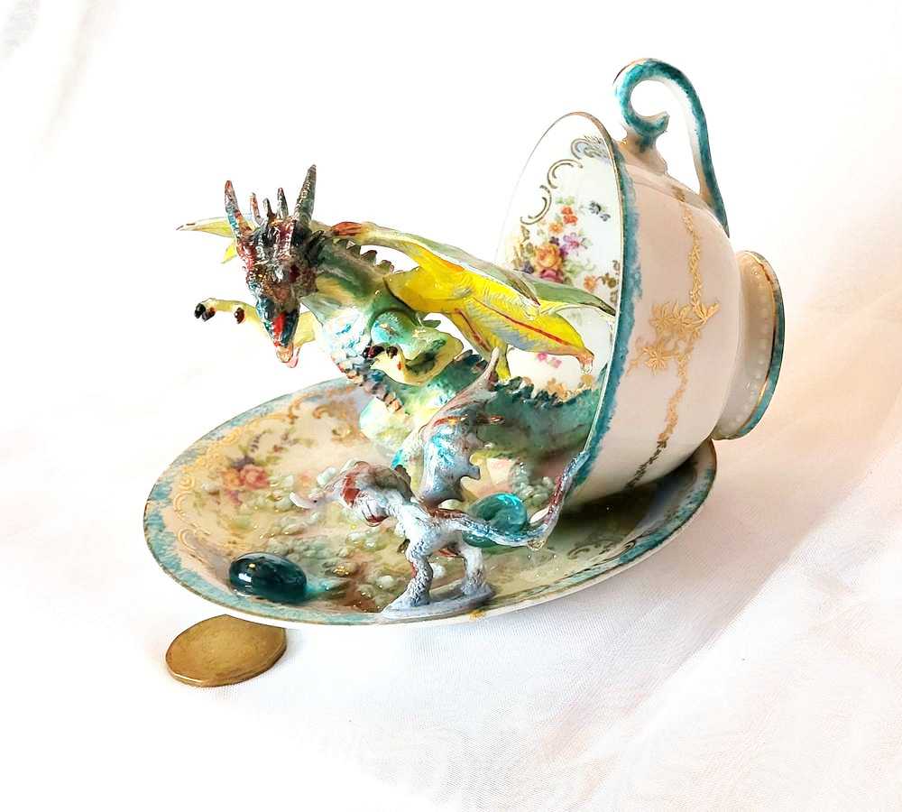 Fighting Dragons in a Vintage Teacup and Saucer Encased in Resin