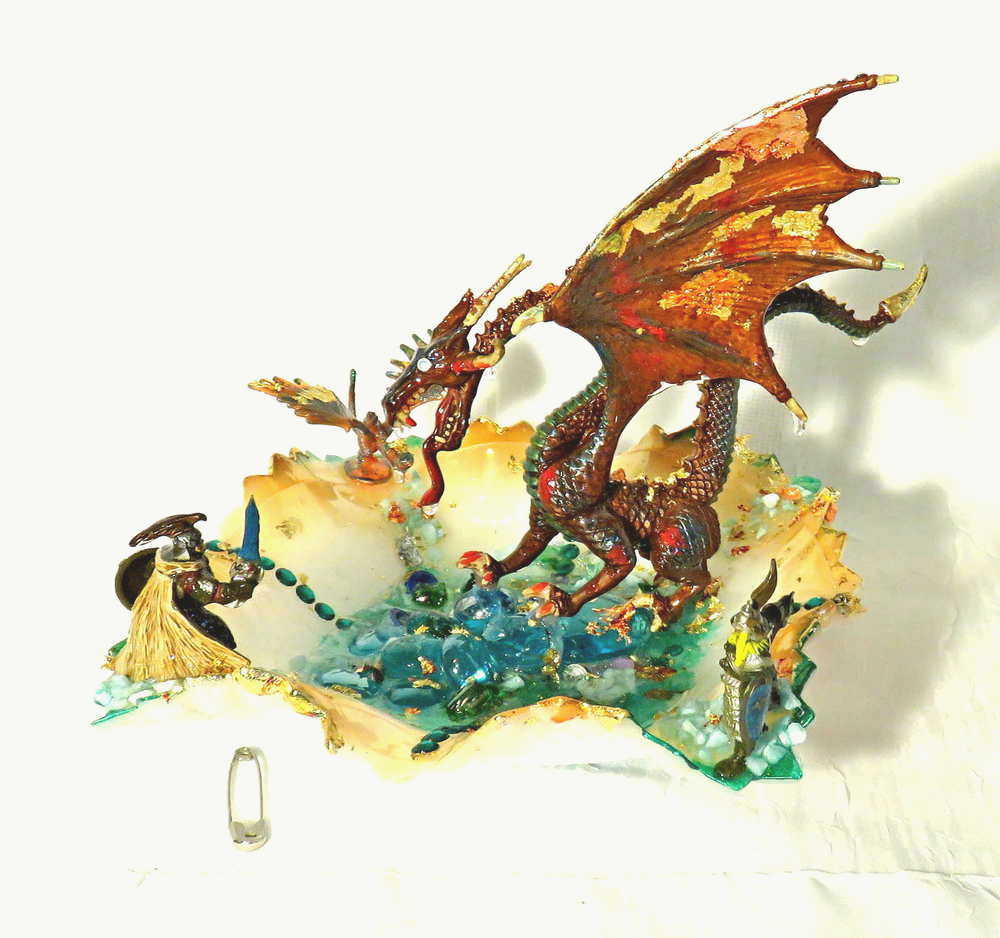 Fire-Breathing Dragon in Antique Glass Dish in a Fierce Fight for Survival