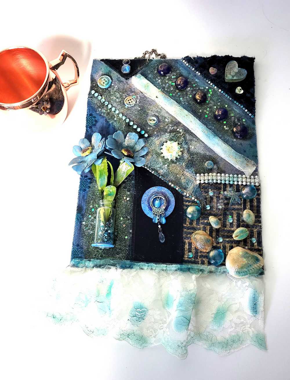 Multi Media Fabric Art Wall Piece in Shades of Blue, Collage, Decorative Wall Art