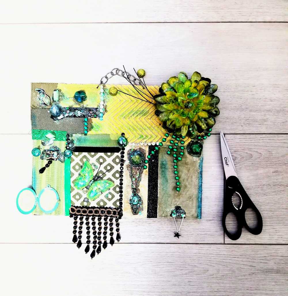 Decorative Collage of Green Fabrics, Recycled Jewelry, Flowers & Mini Picture Frame, Wall Art, Wall Hanging