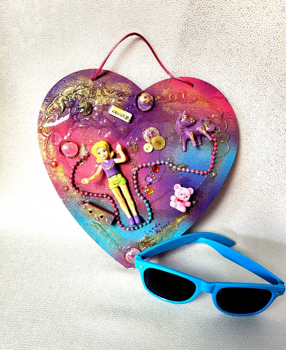 Pink & Blue Child's Art Work for Bedroom, Nursery, Playroom Wall Hanging, Wood Heart with Doll and Unicorn