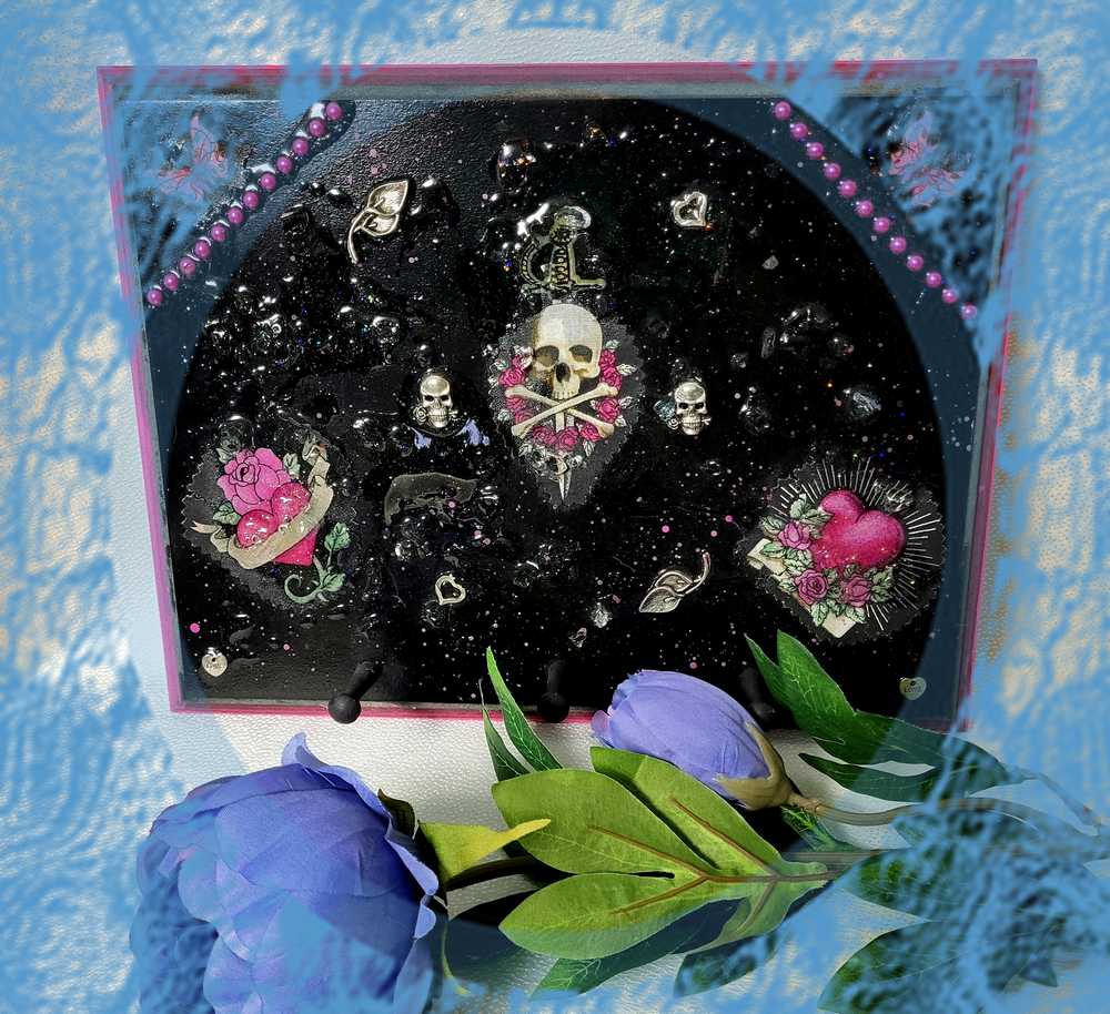 Black Goth Wall Plaque with a Skull with a Sword, Glass and Pink Butterflies