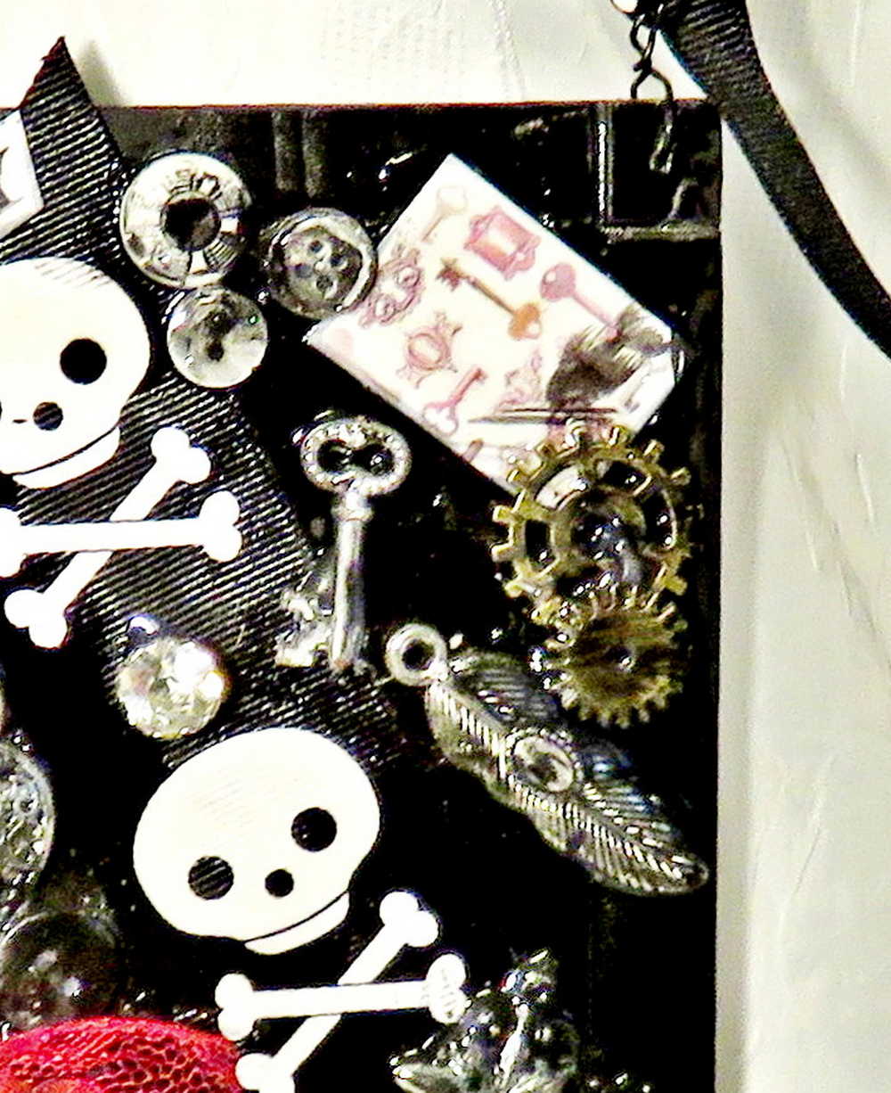 Black Wall Plaque with Skull & Bones Ribbon, Honesty Sign, Recycle Jewelry, Keys & Gears, Punk Goth Sign