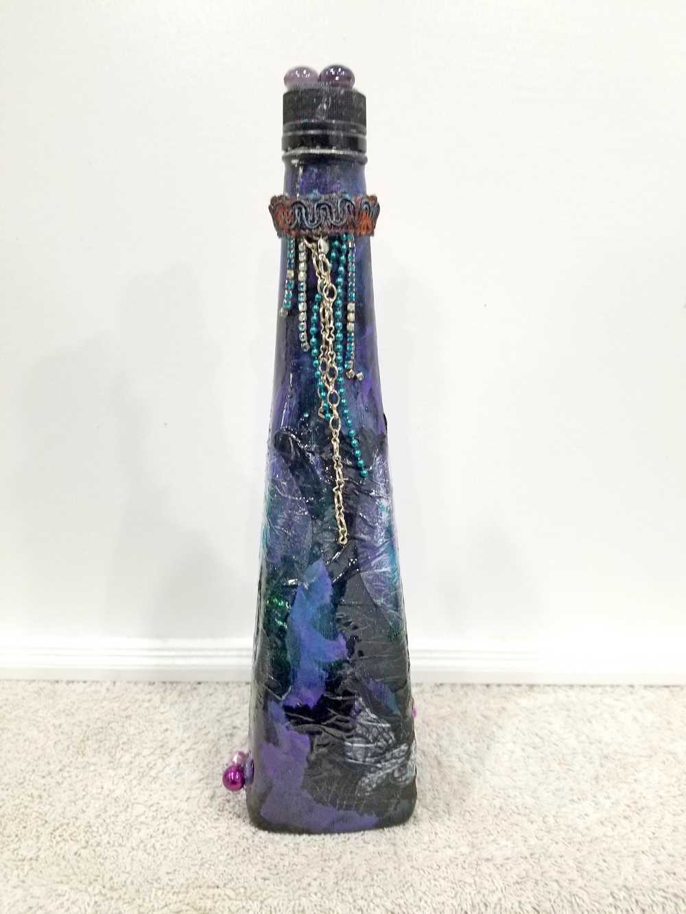 Altered Glass Bottle, Decoupage Skull Art Bottle for Re-Use