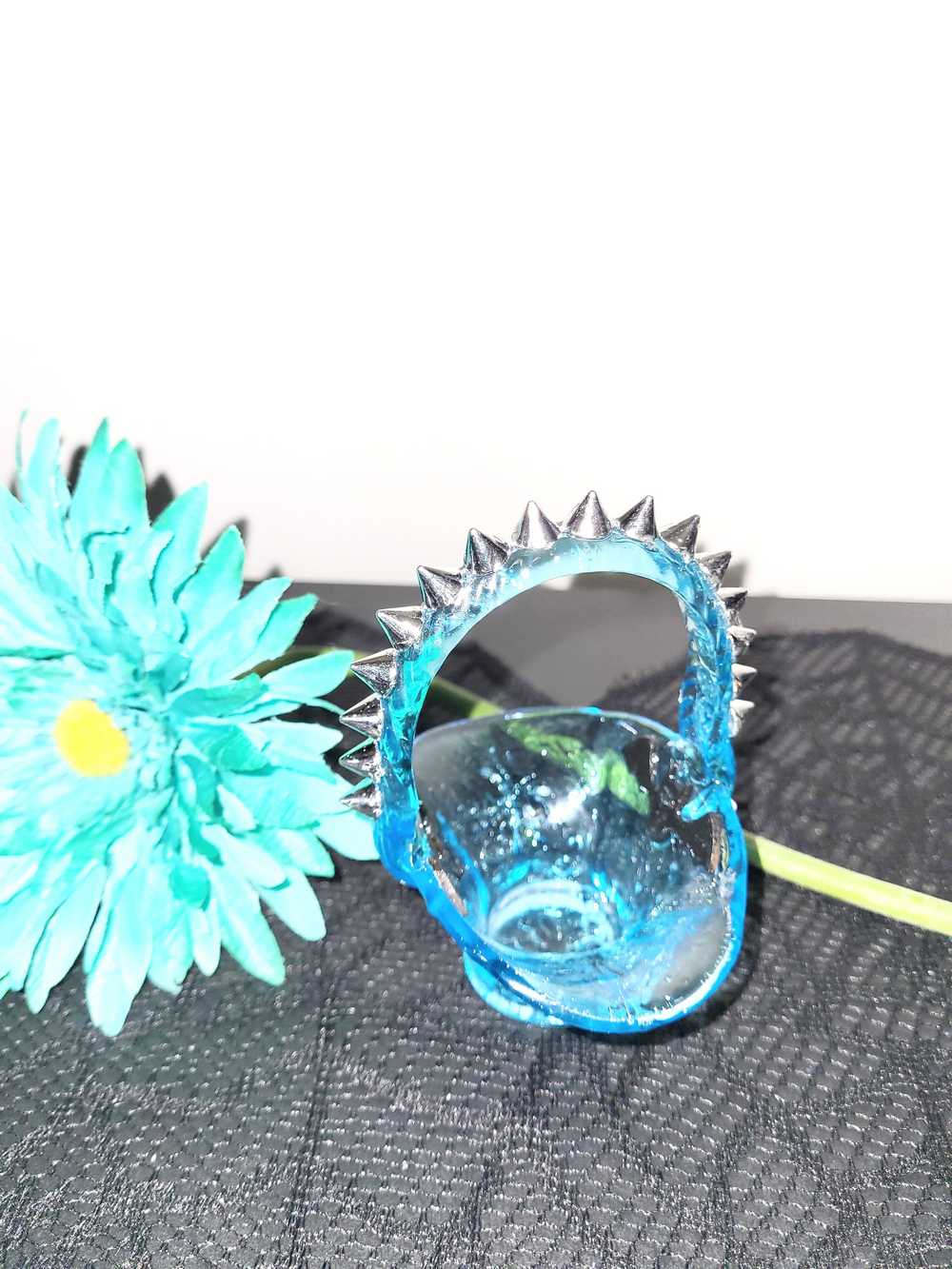 Danity Vintage Teal Glass Basket with added Sliver Studs, Bats and Spiders