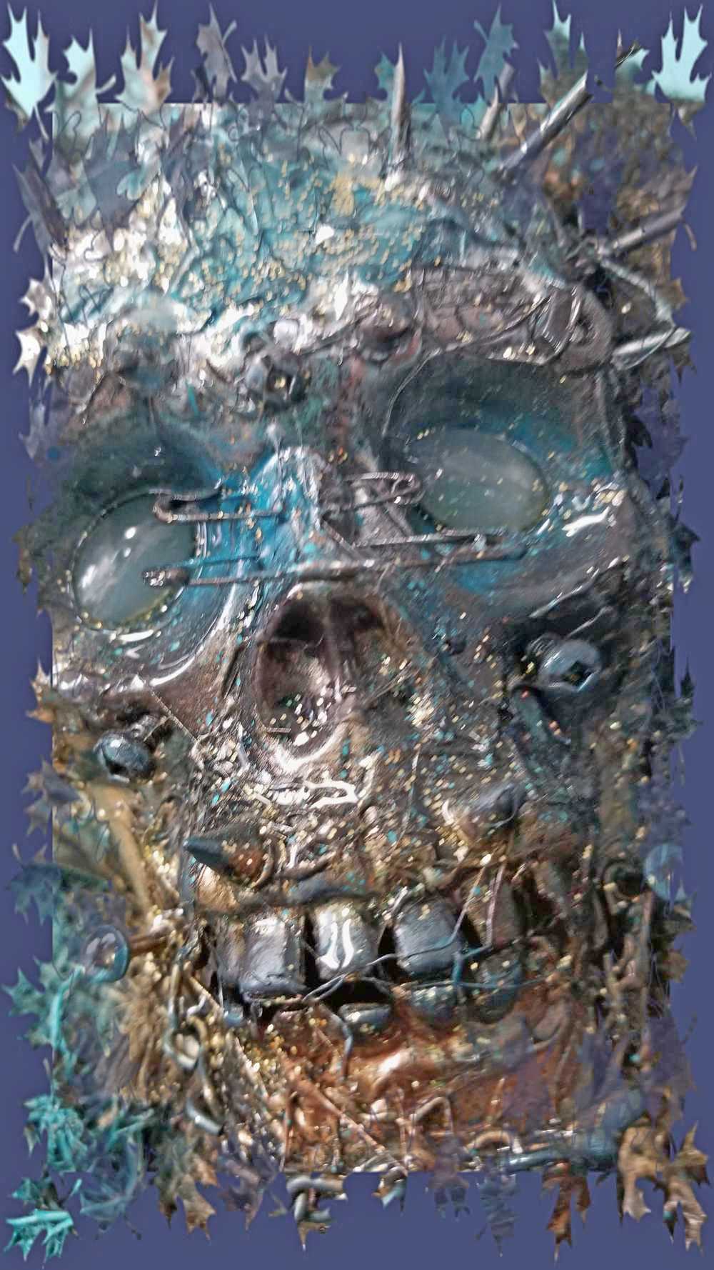 Creepy Skull  Clock on 16 x 20 inch Canvas, with Chains, Nuts, Bolts, Teal Blue