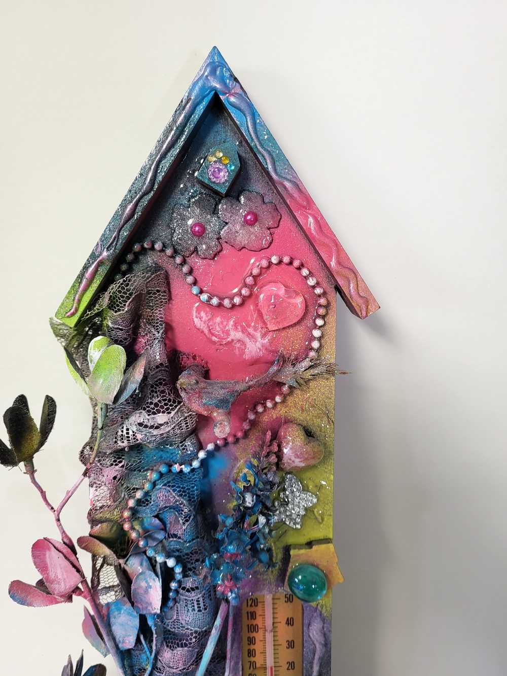 Colorful Wall Birdhouse Cutout with Thermometer and Cup Hooks to Keep Your Necklaces or Keys in One Place