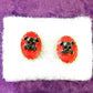 Red Porcelain Pierced Earrings with Black Skull & Bones