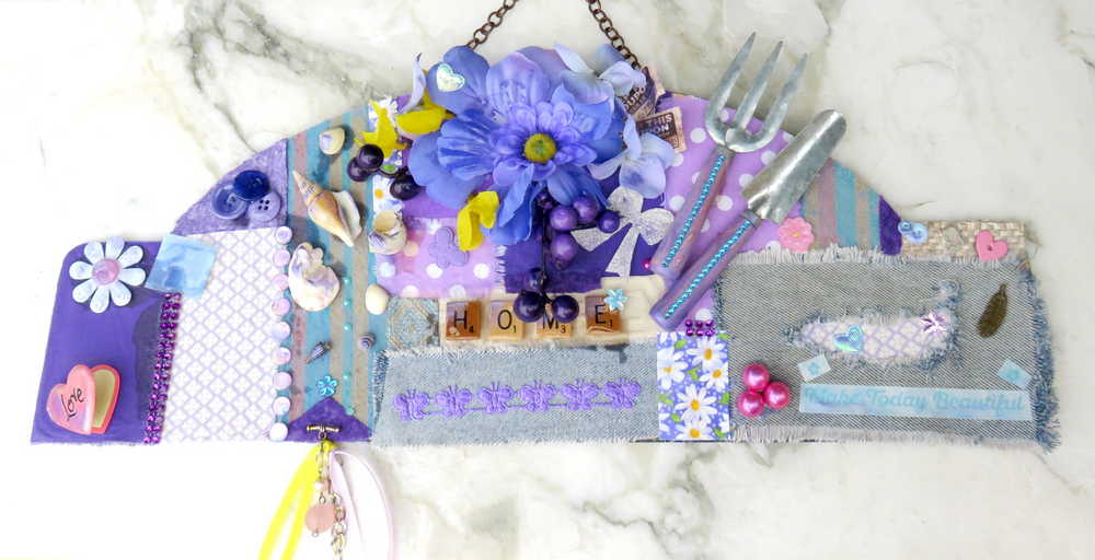 Blue Jean Fabric Wall Plaque with Garden Tools, Purple Flowers, Grapes and Seashells