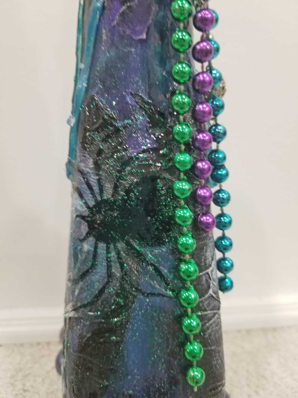 Altered Refillable Glass Bottle, Decoupage Skull Art with Multi Beads and Glass Gems