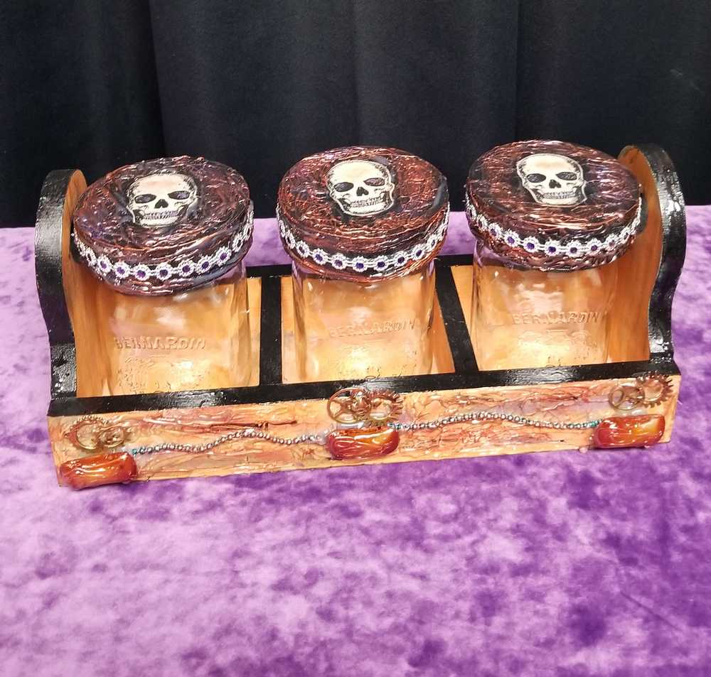 3-500ml Glass Jars with Lids, in a Wooden Box with Skulls, Candy Jars, Bathroom Accessories