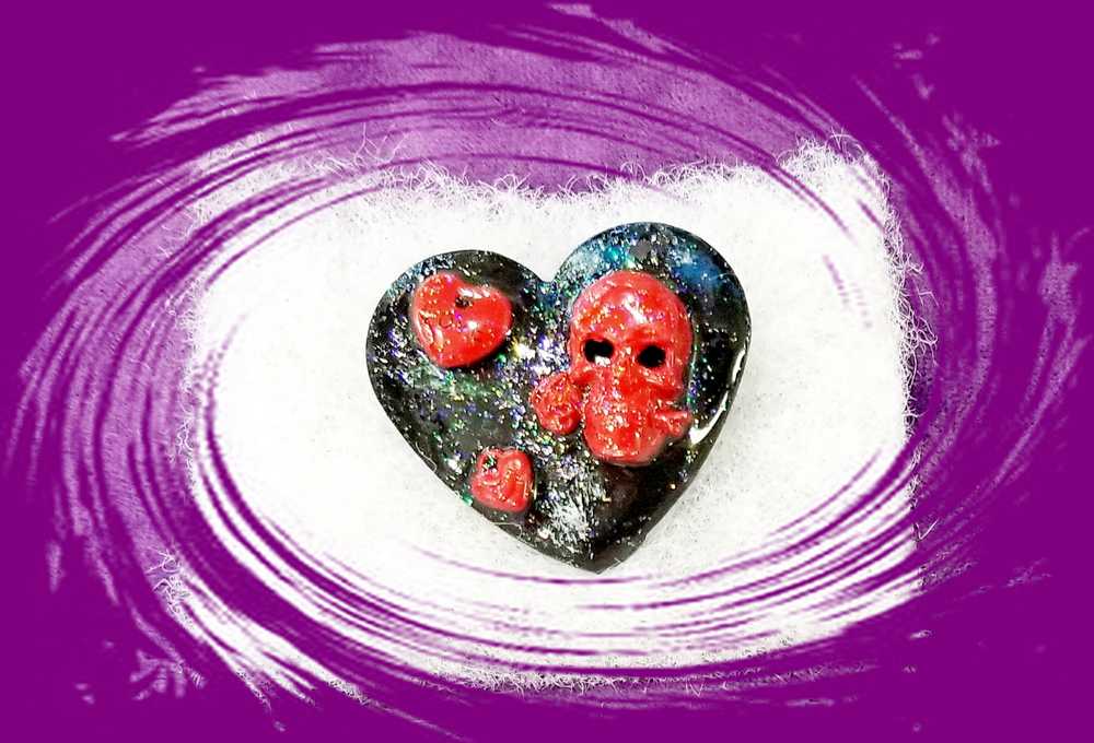 Black Porcelain Heart Shaped Brooch with Red Skull and Heart Charms