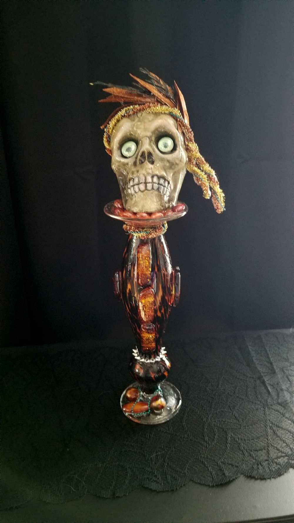 Ellegant Tiger Glass Skull with Silver Studs and Large Amber Beads