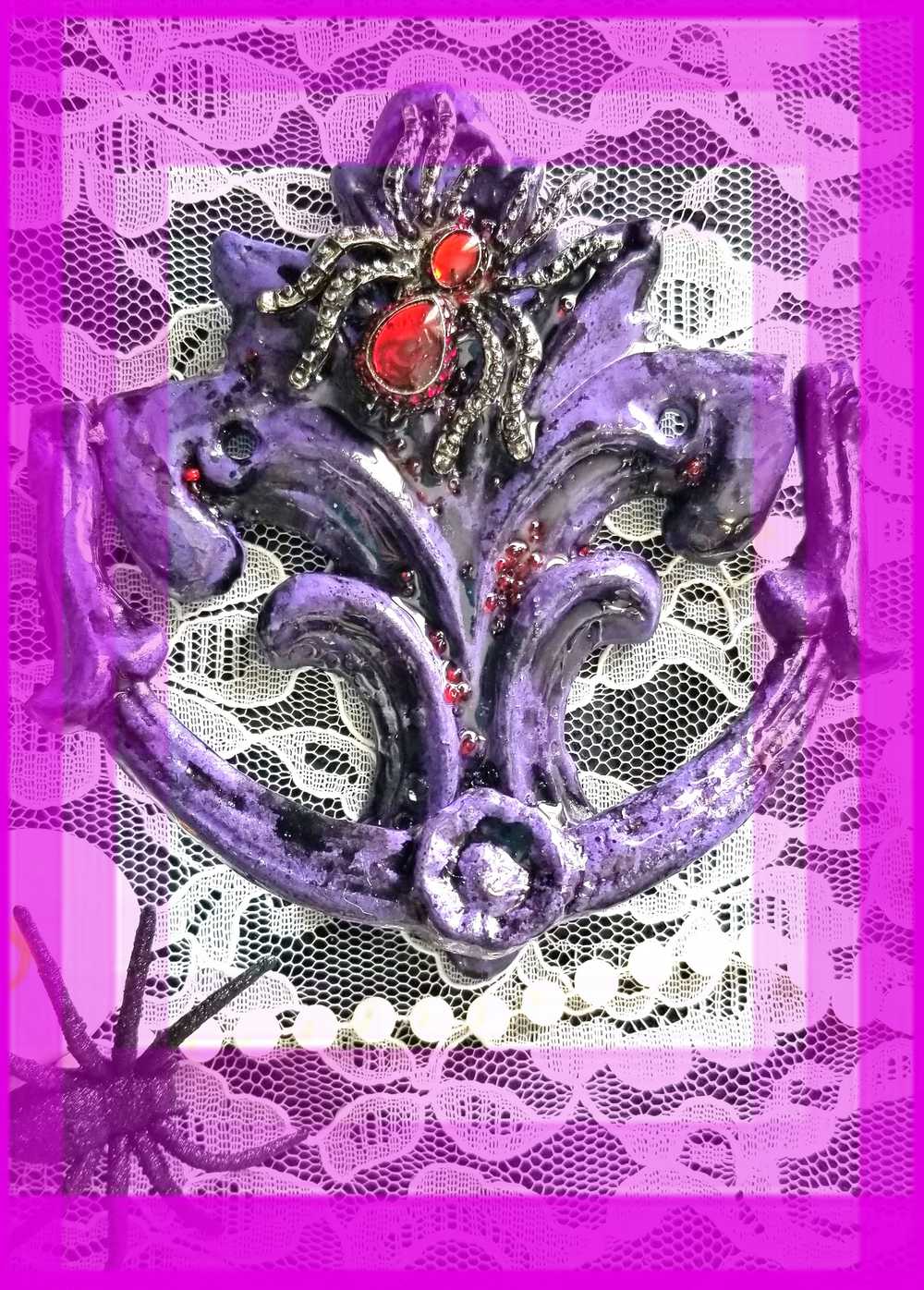 Antique Heavy Metal Door Knocker Painted Deep Purple with Red Studded Gemstone Spider