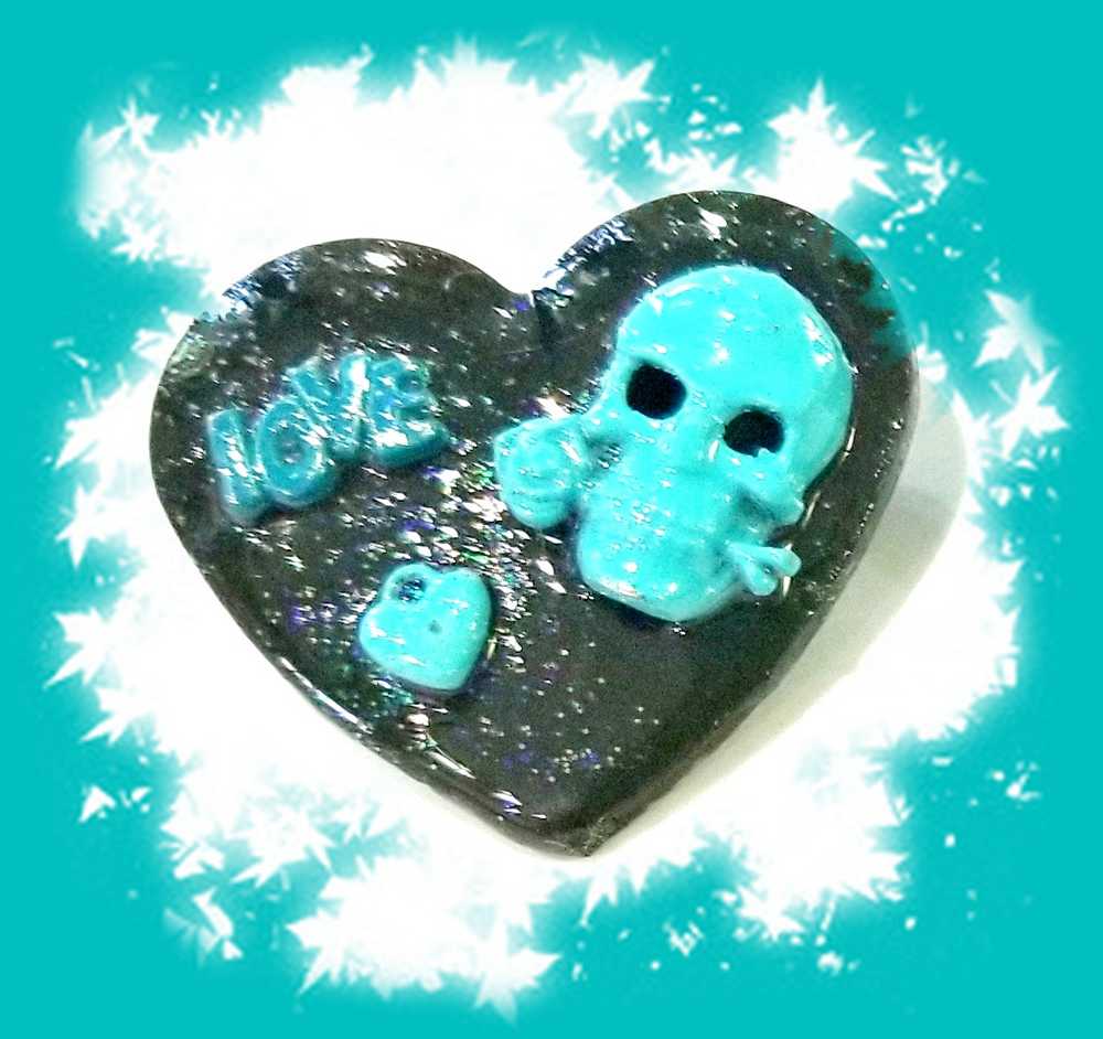 Black Porcelain Heart Shaped Brooch with a Teal Skull, Love and a Heart Charm