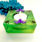 Square Green Candle Holder for a Battery Candle with Black Spiders and Purple Bats