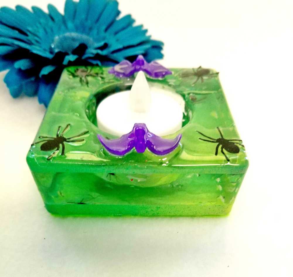 Square Green Candle Holder for a Battery Candle with Black Spiders and Purple Bats