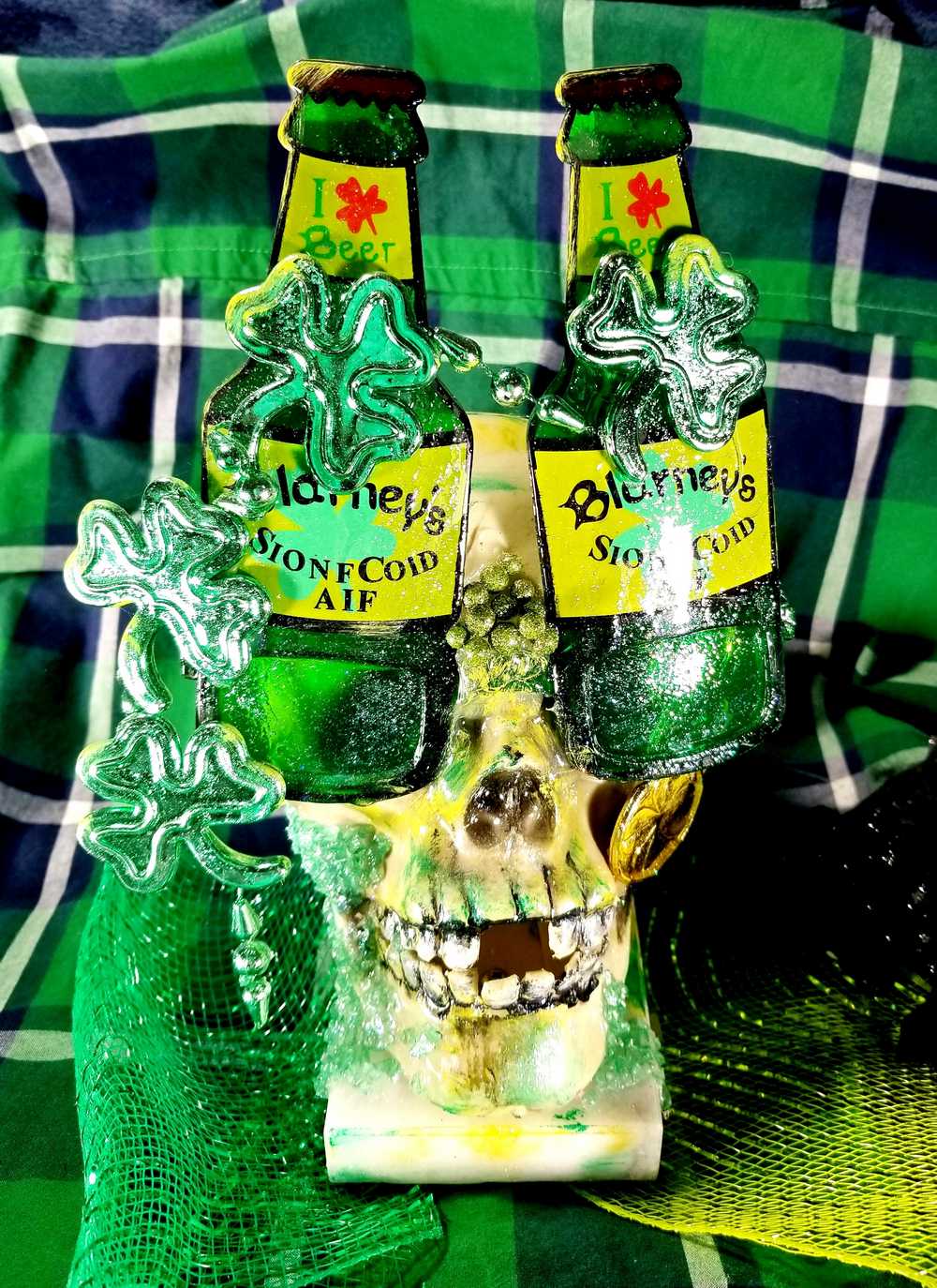 One of a Kind St. Patrick's Skull Decor, Green Beer Goggles, Missing Front Teeth and Shamrocks