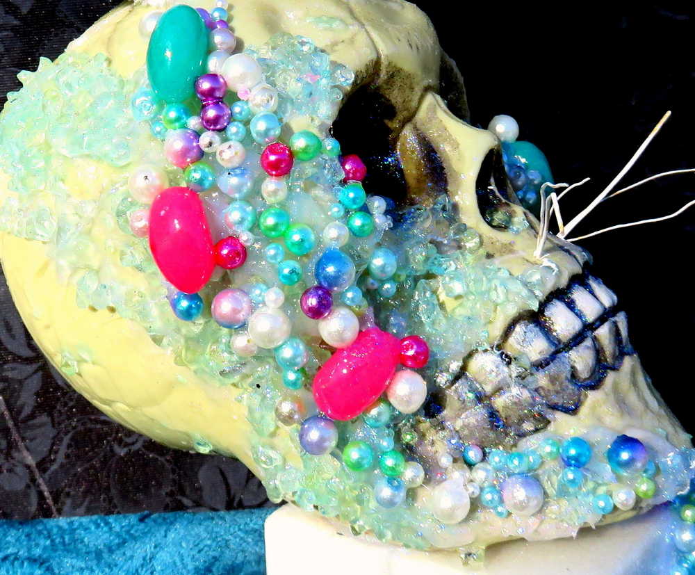 Resin Encased Easter Bunny Skull with Jelly Beans, Pearls & Glitter on a Marble Base