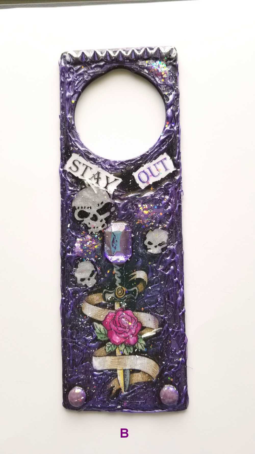 "Stay Out" Door Knob Signs with Skulls, a Dagger, a Rose and a Heart in Black & Purple