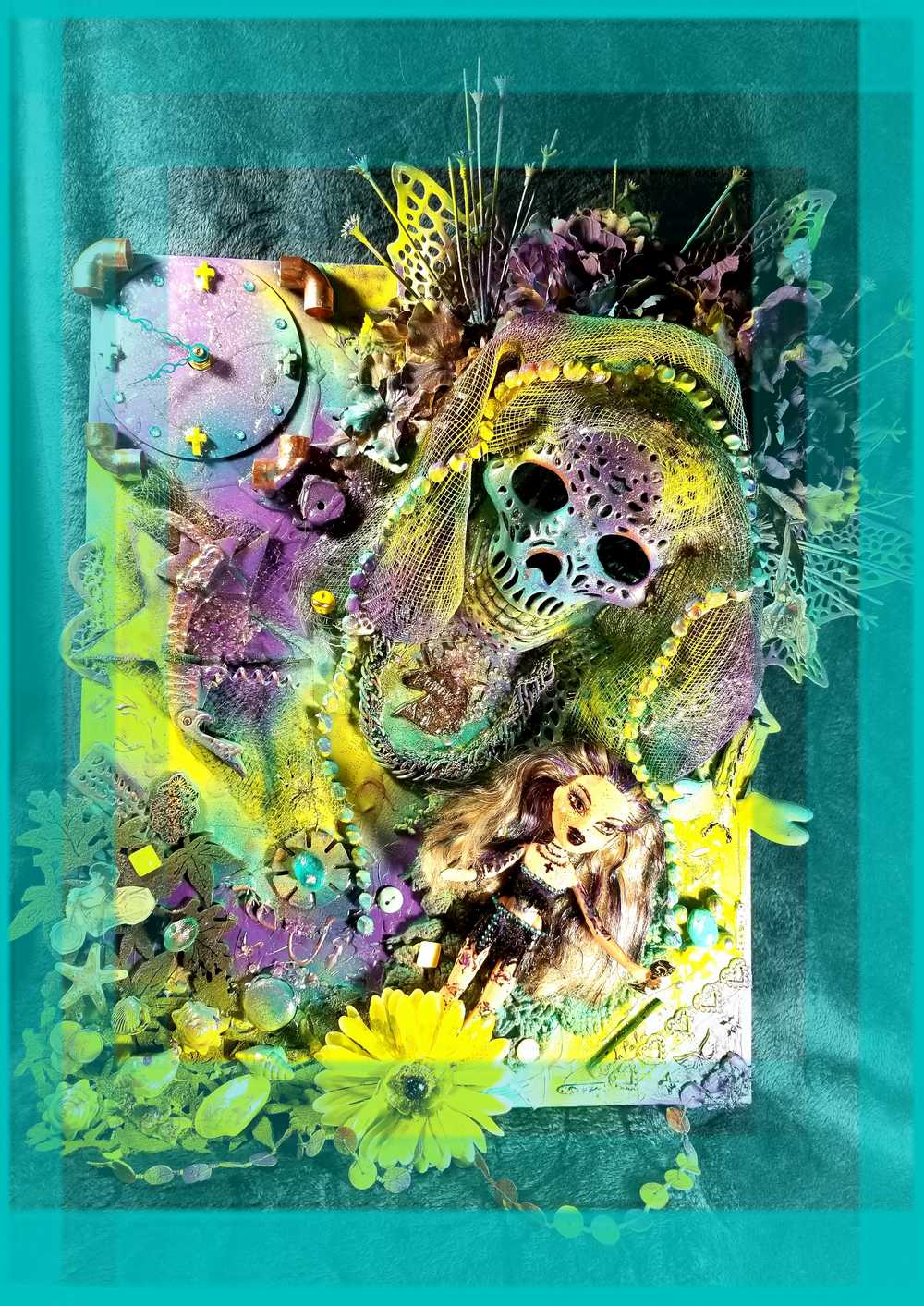 Skull Goddess and The Babe, in Purples & Blues, on 16L x 20W Mixed Media Canvas with Wall Clock