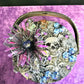 Wood Basket Covered with Black Skull Fabric, with a Purple & Black Flower, Blue Glass Cabochons & a Large Sparkley Spider