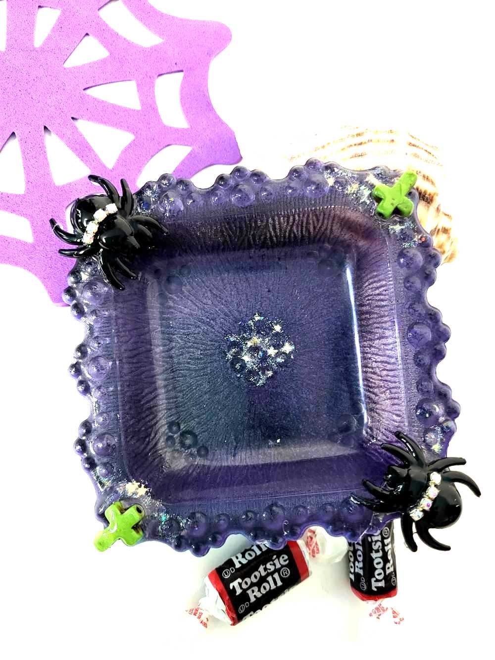 Creepy, Adorable Purple Candle Holder or Candy Dish  with Rhinestone Studded Black Spiders and Green Crosses