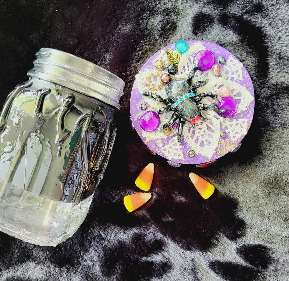 Decorated Mason Jar to fill with Your Favorite Candy, Spices, Dry Goods for Halloween or Everyday,  Large Spider on Wooden Lid