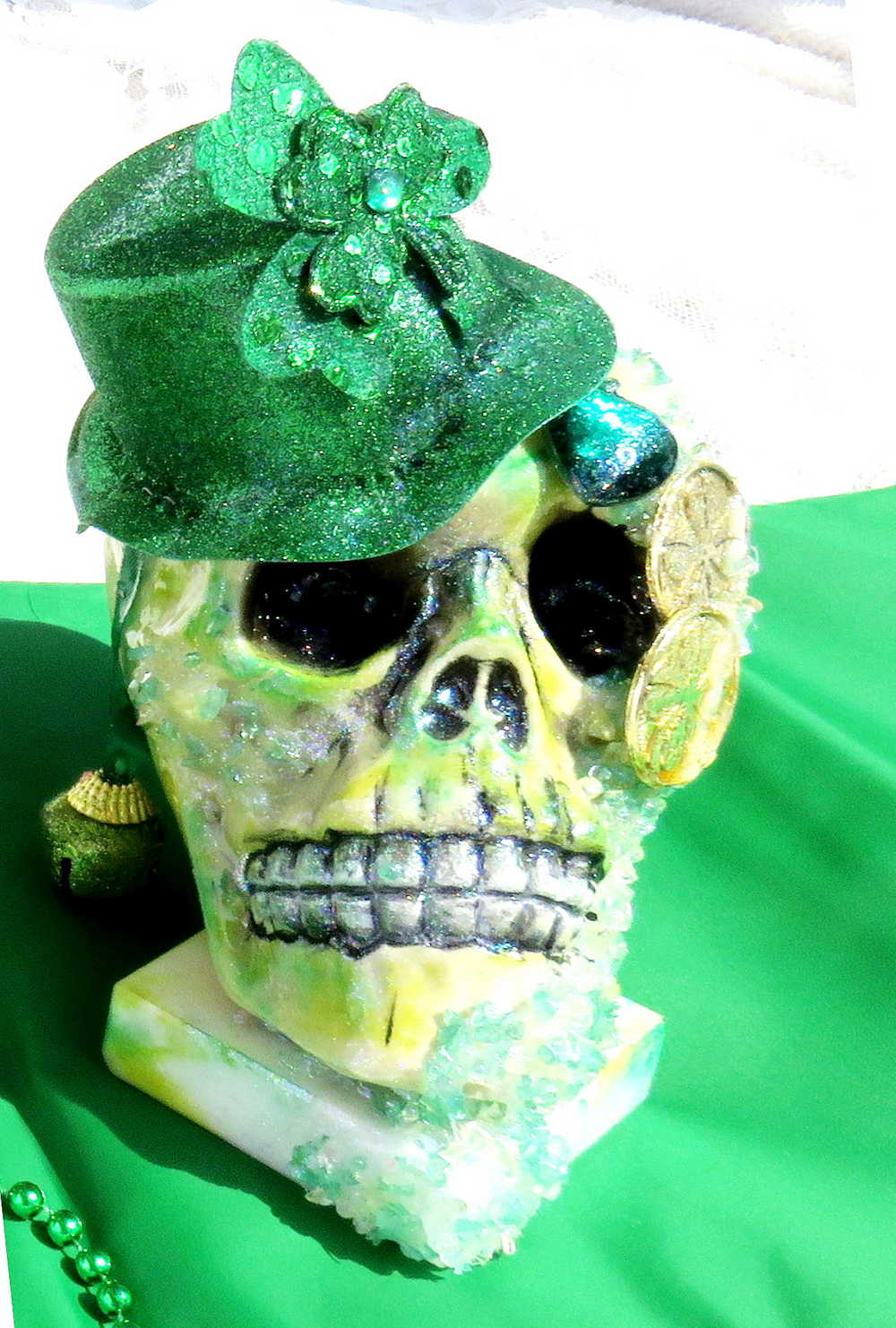 Handmade Resin St. Patrick's Day Skull with Top Hat, Shamrock, Bell & Gold Coins on a Marble Base