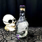 Altered Glass Bottle, Decanter, with a Crow, Chain with Keys, Purple Gems, Re-Usable