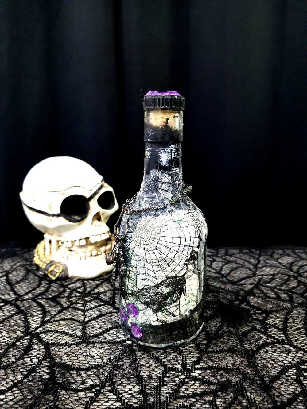 Altered Glass Bottle, Decanter, with a Crow, Chain with Keys, Purple Gems, Re-Usable