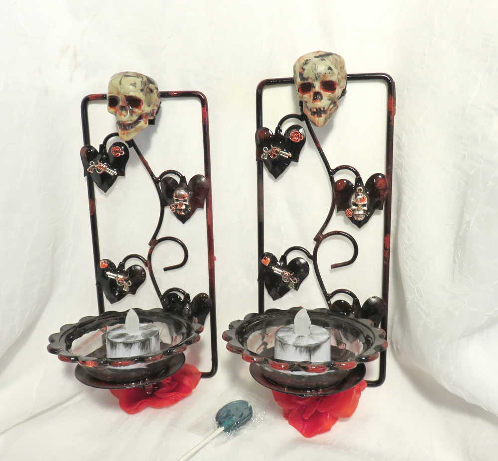 Wall Mounted Battery Candle Holder with Skulls & Red Roses, Glass Bowls Holds Two Battery Candles