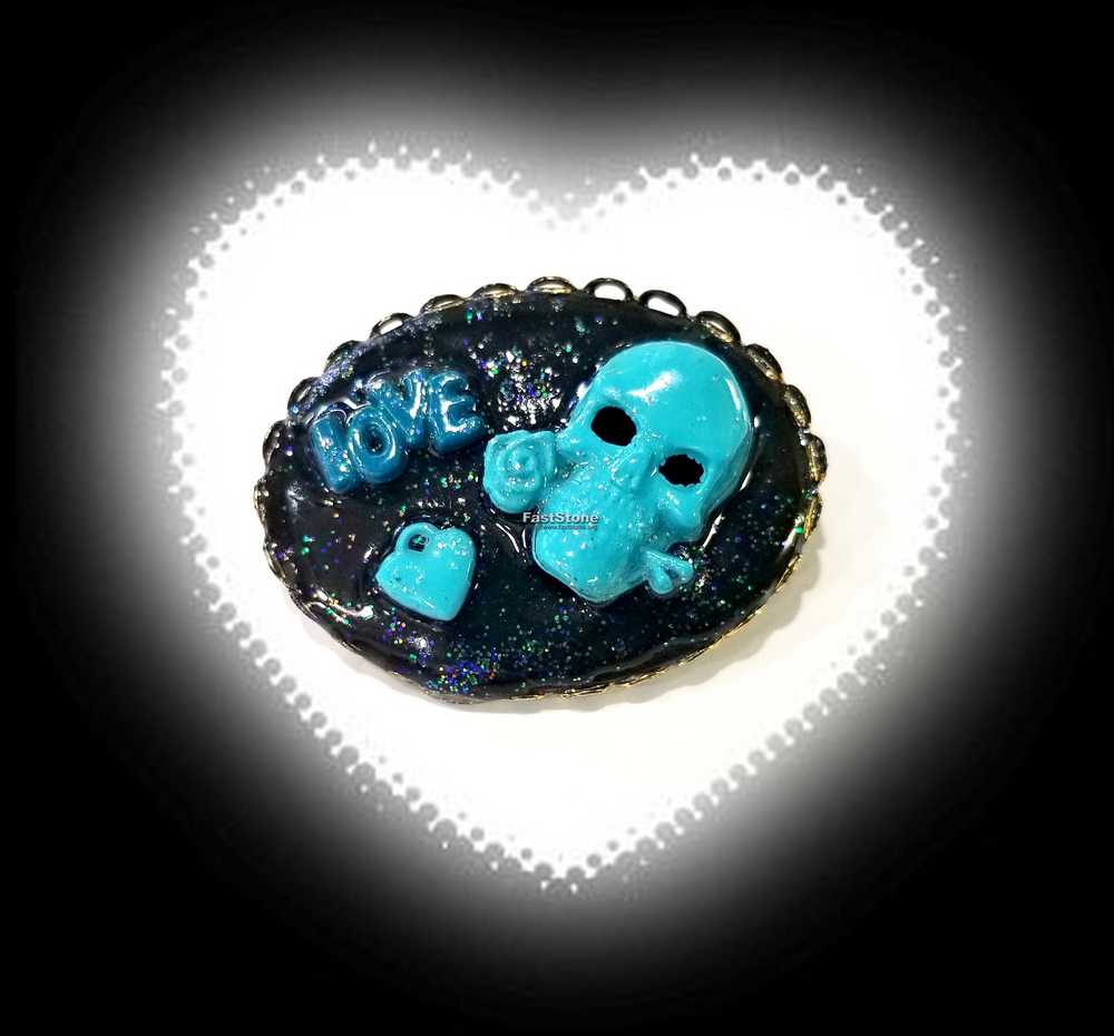 Porcelain Black Oval Shaped Brooch with Hand Painted Teal Skull, Heart & Love Charms