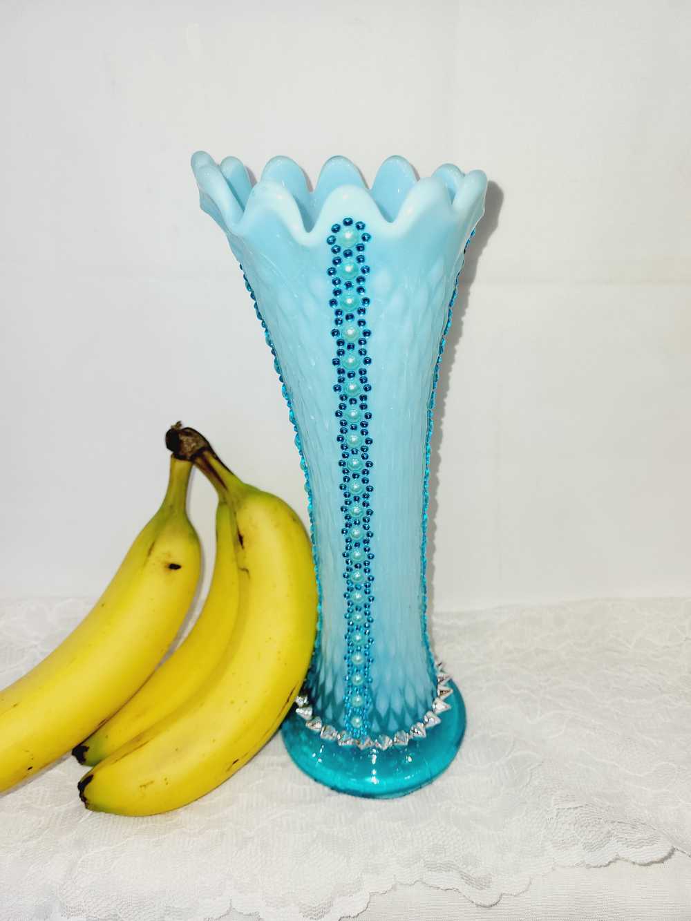 Tall Milky Teal Ruffled Edge Vase with Rows of Teal Flower Sequence Up & Down