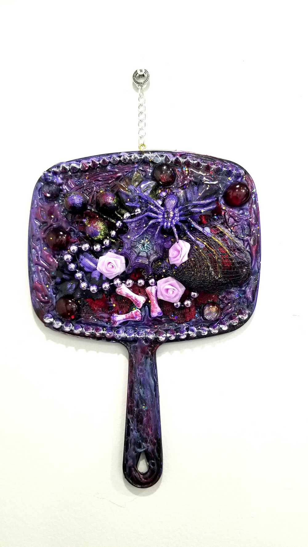 Black Hand Held Mirror with Bones, Roses, a Purple Spider and Her Web