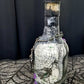 Altered Glass Bottle, Decanter, with a Crow, Chain with Keys, Purple Gems, Re-Usable