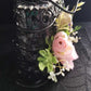 Black Metal Skull Container, with Pink Roses, Container for Dry/Silk Flowers