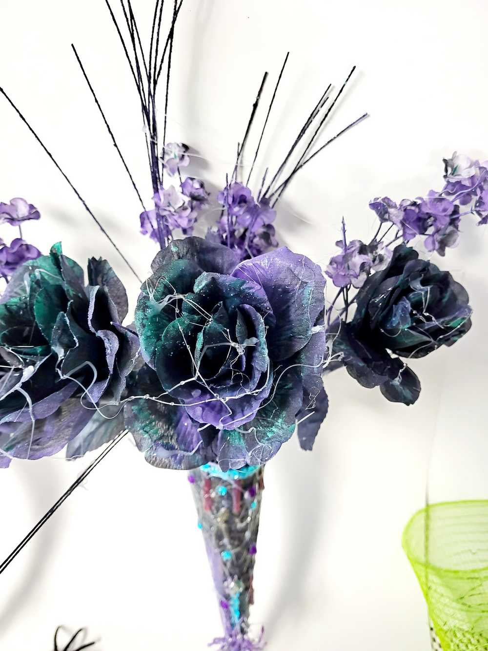 Goth Flower Arrangement, Black & Purple Roses in a Tin Match Cone, with Spiders & Skulls