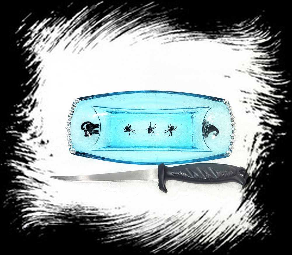 Long Teal Altered Glass Candy Dish with Silver Studs, a Black Cat and a Witch Hat