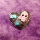 Black Porcelain Heart Shaped Brooch with a Pink Skull and a Teal Heart & Love Charm