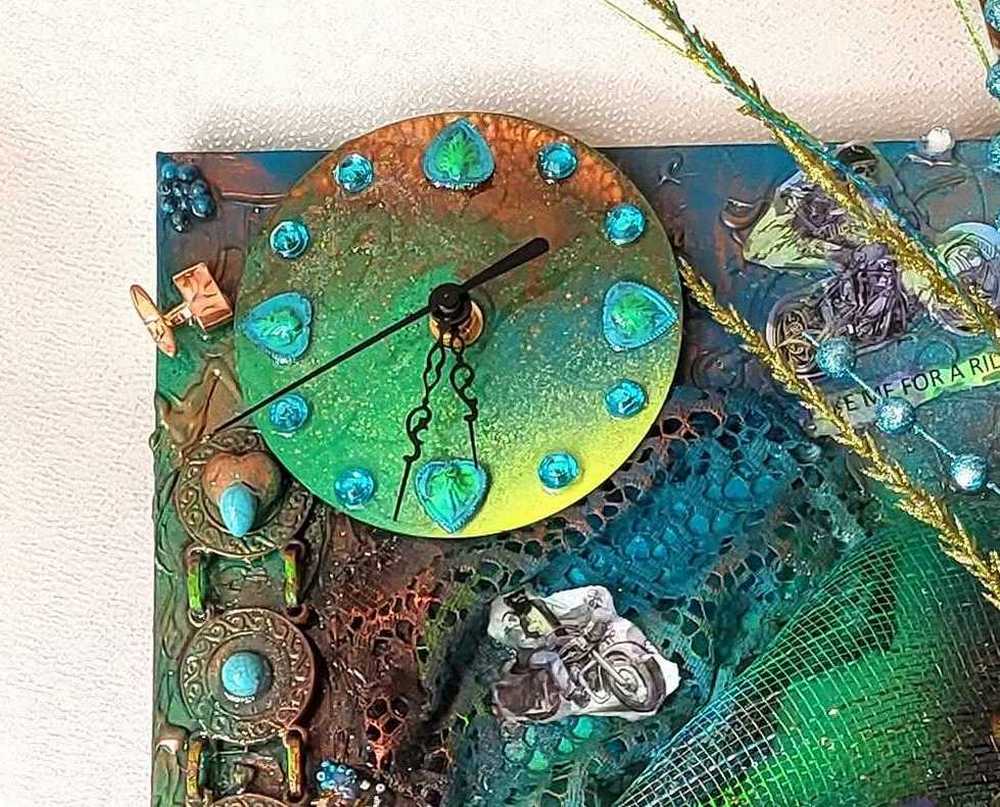 Clock, Voodoo Skull Witch Doctor on 16x20 inch Canvas with Turquoise Beads and Motorcycles