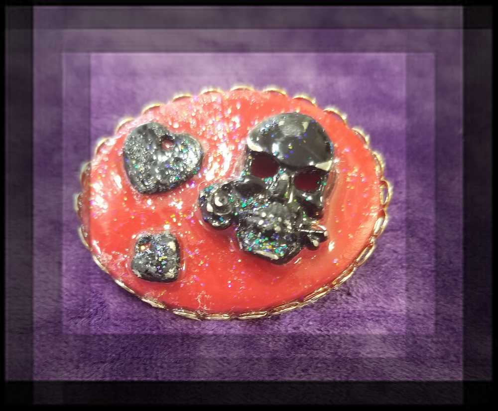 Stunning Red Porcelain Oval Brooch with Hand Painted Black Skull and Hearts