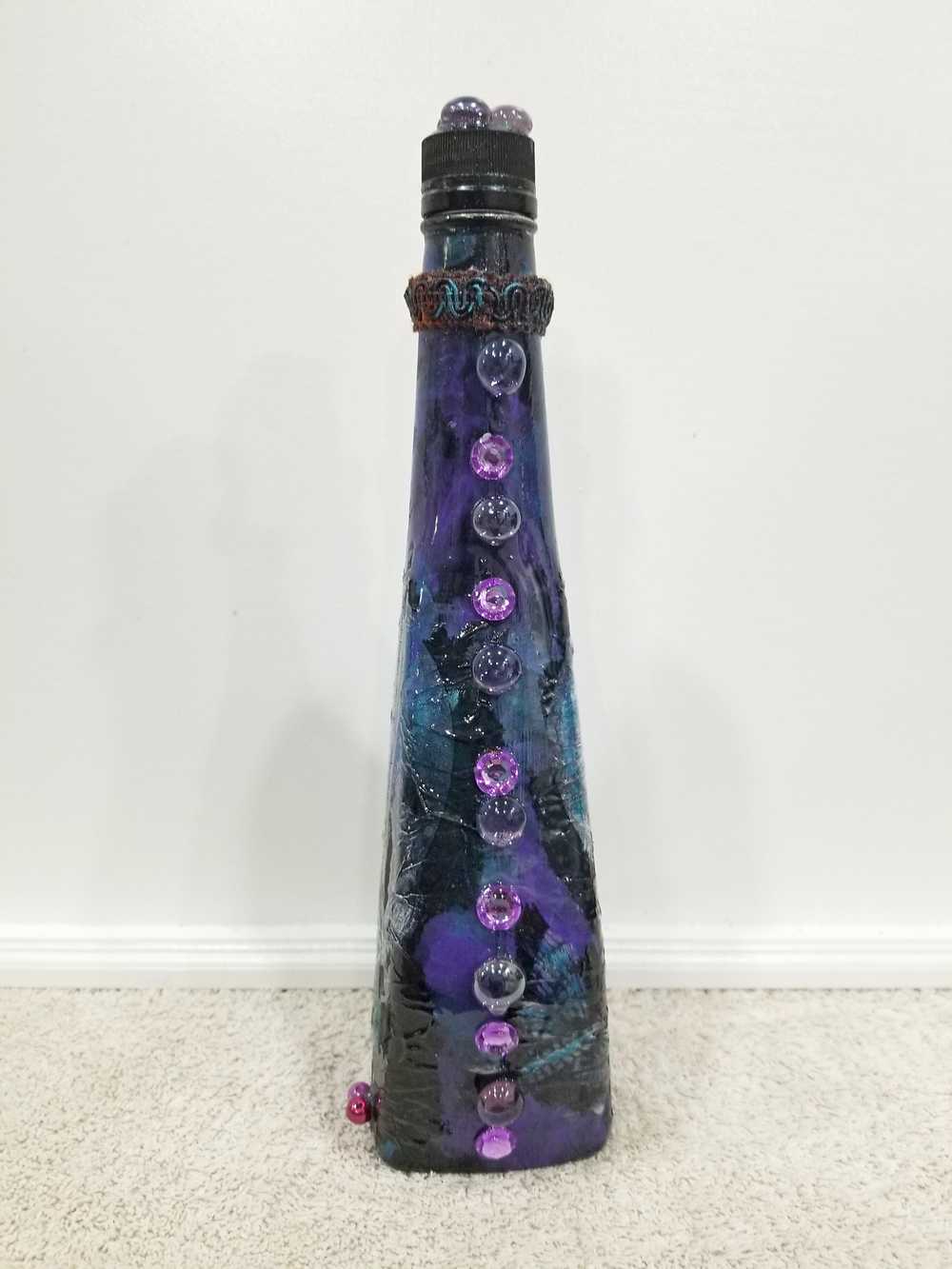 Altered Glass Bottle, Decoupage Skull Art Bottle for Re-Use