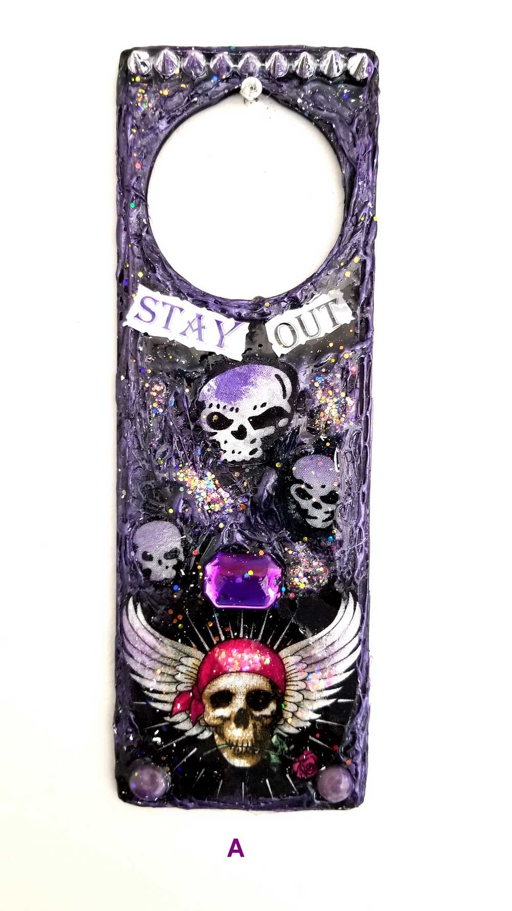 "Stay Out" Door Knob Signs with Skulls, a Dagger, a Rose and a Heart in Black & Purple