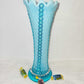 Tall Milky Teal Ruffled Edge Vase with Rows of Teal Flower Sequence Up & Down