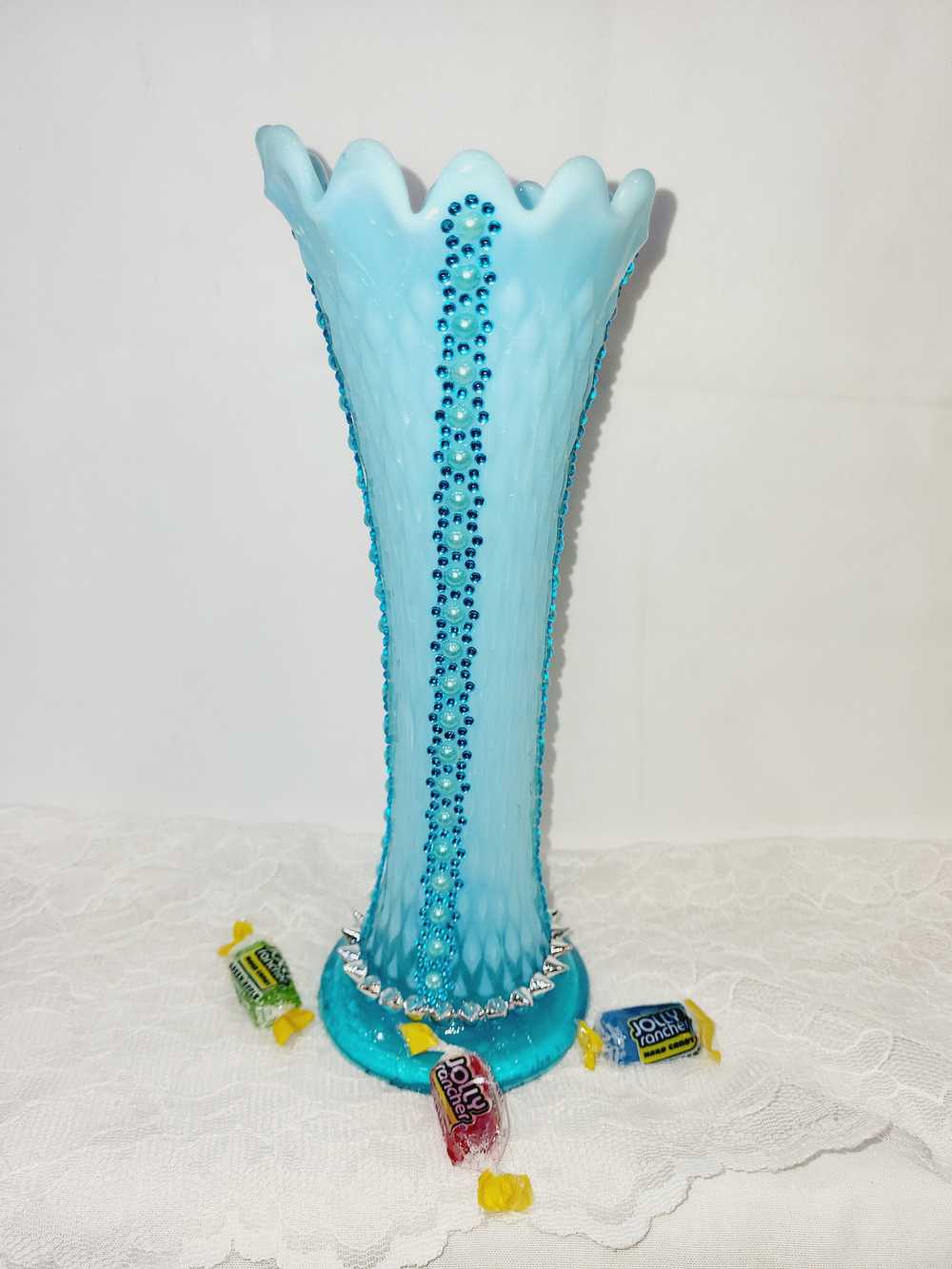 Tall Milky Teal Ruffled Edge Vase with Rows of Teal Flower Sequence Up & Down