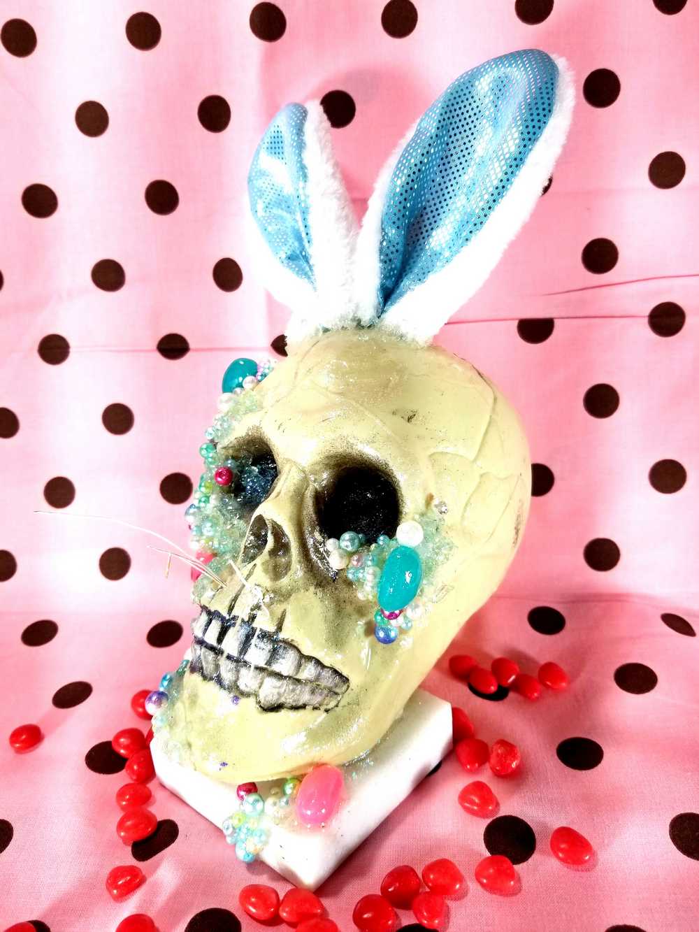 Resin Encased Easter Bunny Skull with Jelly Beans, Pearls & Glitter on a Marble Base